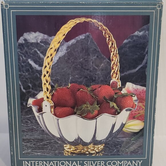 International Silver Company Silver Plated Table Serving Basket With Gold Accent - Picture 2 of 9